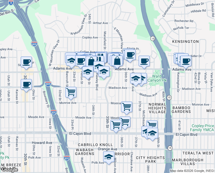 map of restaurants, bars, coffee shops, grocery stores, and more near 4603 35th Street in San Diego