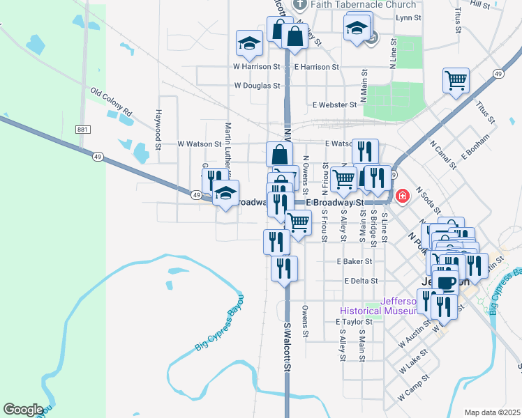 map of restaurants, bars, coffee shops, grocery stores, and more near 202 Texas 49 in Jefferson