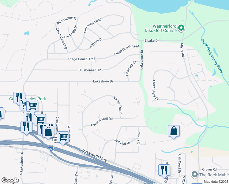 map of restaurants, bars, coffee shops, grocery stores, and more near 537 Valley Trail Drive in Weatherford