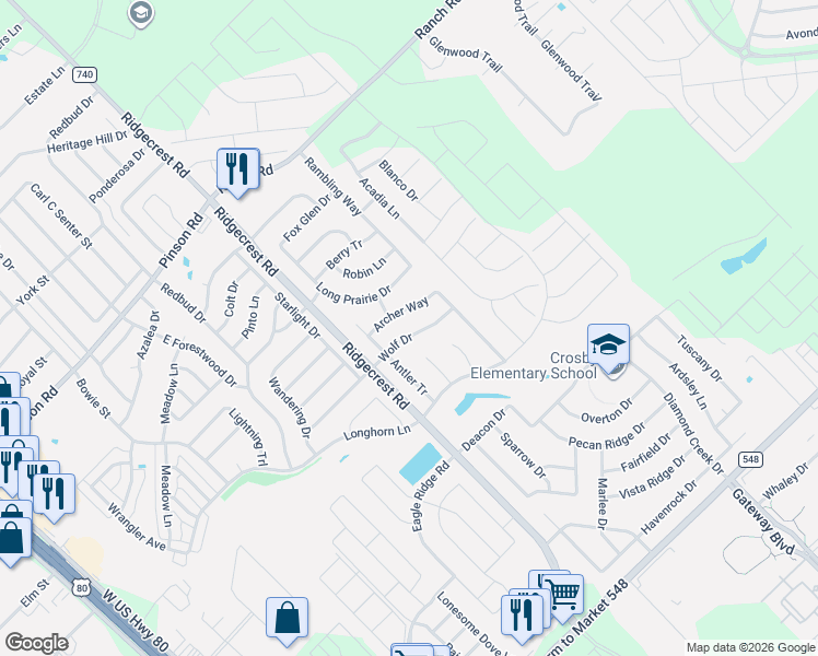 map of restaurants, bars, coffee shops, grocery stores, and more near 236 Archer Way in Forney