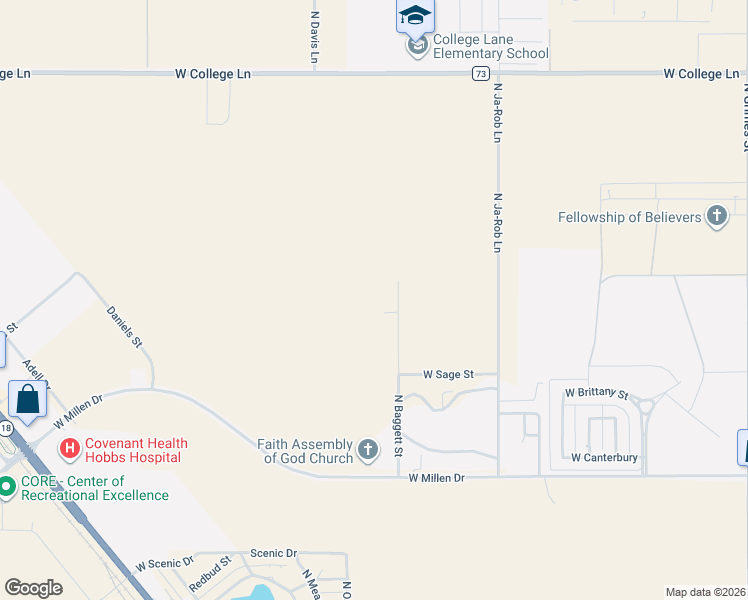 map of restaurants, bars, coffee shops, grocery stores, and more near 5333 North Baggett Street in Hobbs