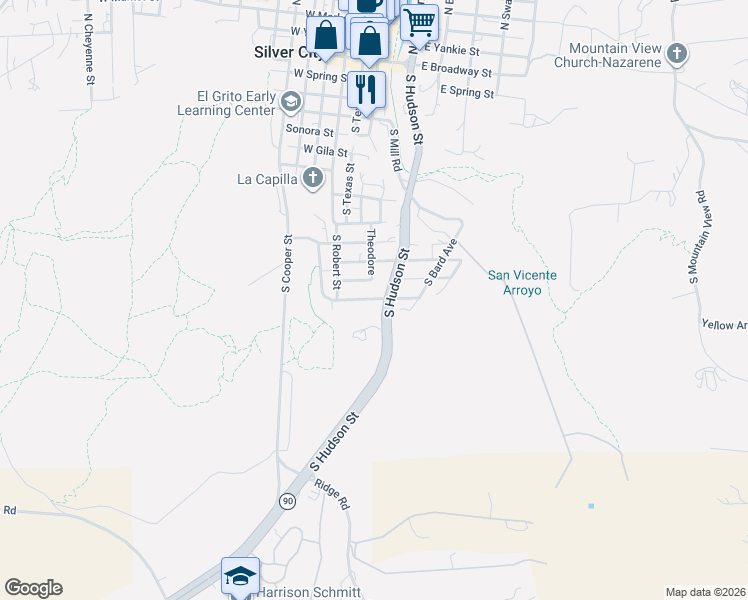 map of restaurants, bars, coffee shops, grocery stores, and more near 1100-1198 Highway 90 in Silver City