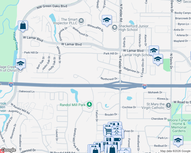 map of restaurants, bars, coffee shops, grocery stores, and more near 1733 Park Ridge Terrace in Arlington