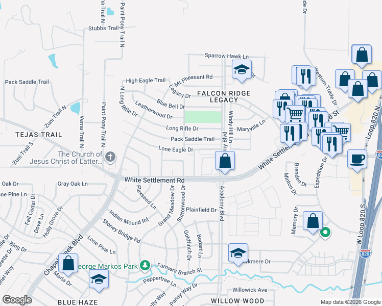map of restaurants, bars, coffee shops, grocery stores, and more near 9992 Lone Eagle Drive in Fort Worth