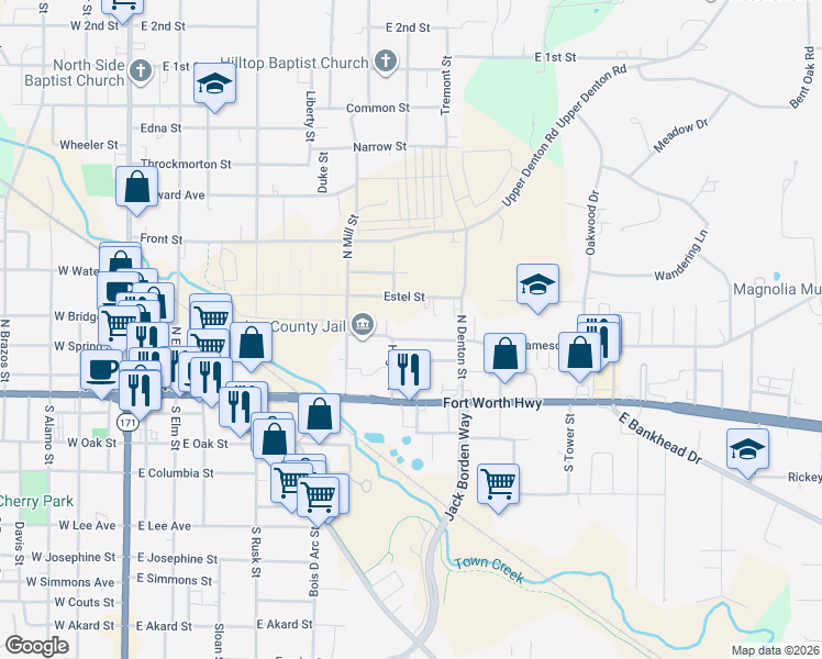map of restaurants, bars, coffee shops, grocery stores, and more near 711 Jameson Street in Weatherford