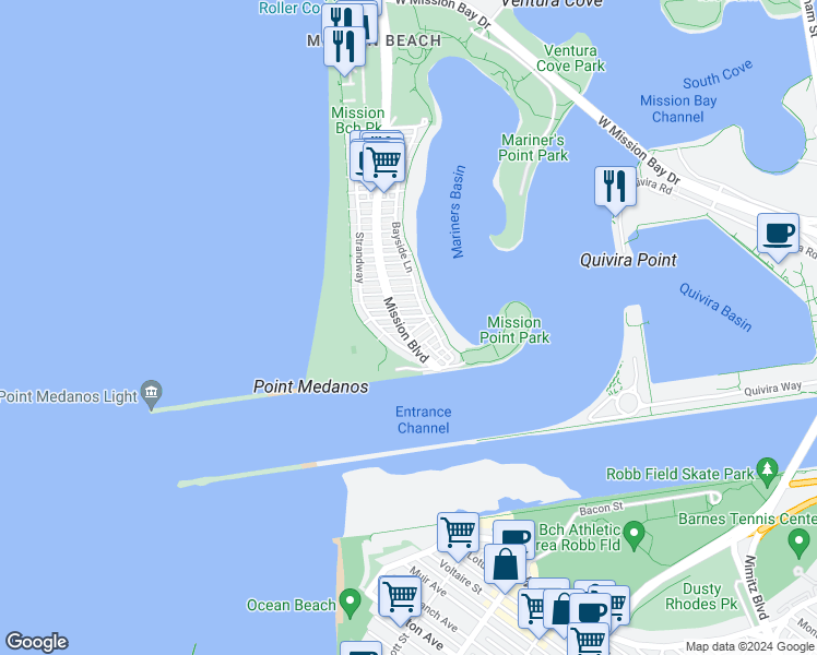 map of restaurants, bars, coffee shops, grocery stores, and more near 2685 Mission Boulevard in San Diego