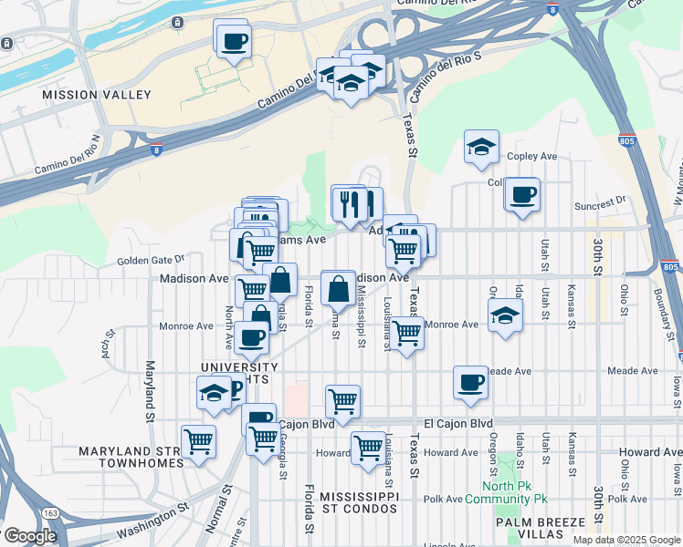 map of restaurants, bars, coffee shops, grocery stores, and more near 4625 Alabama Street in San Diego