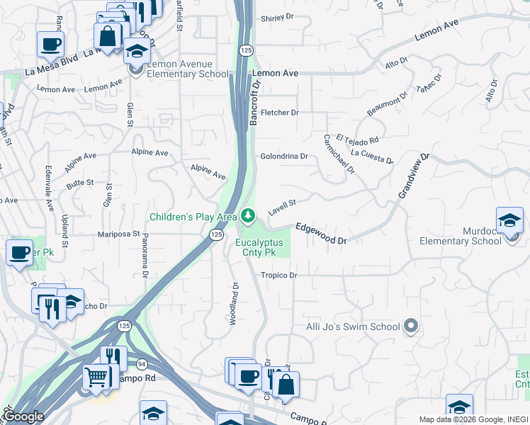 map of restaurants, bars, coffee shops, grocery stores, and more near 9130 Edgewood Drive in La Mesa