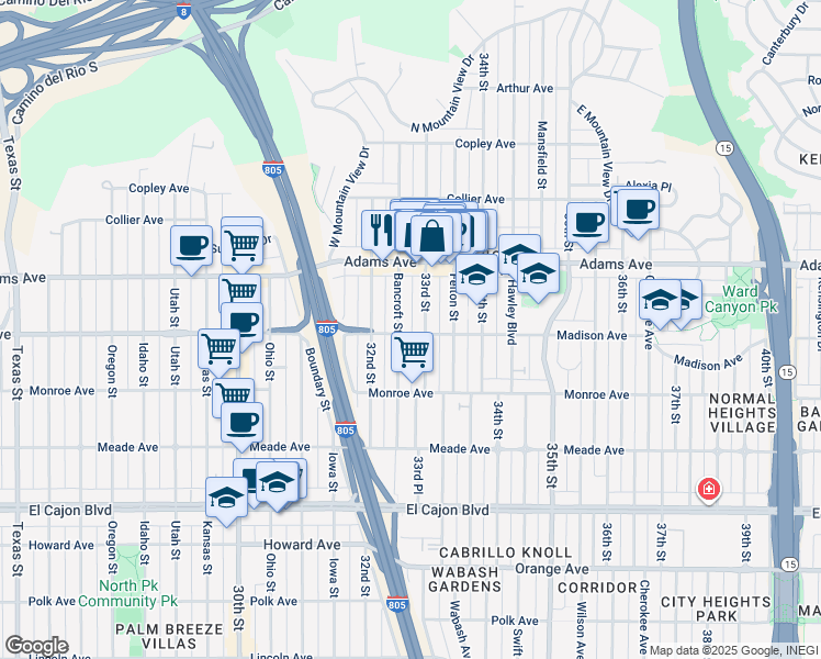 map of restaurants, bars, coffee shops, grocery stores, and more near 3266 Madison Avenue in San Diego