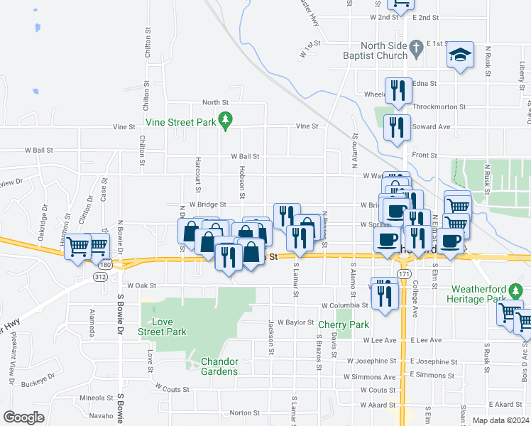 map of restaurants, bars, coffee shops, grocery stores, and more near 208 Bryan Street in Weatherford