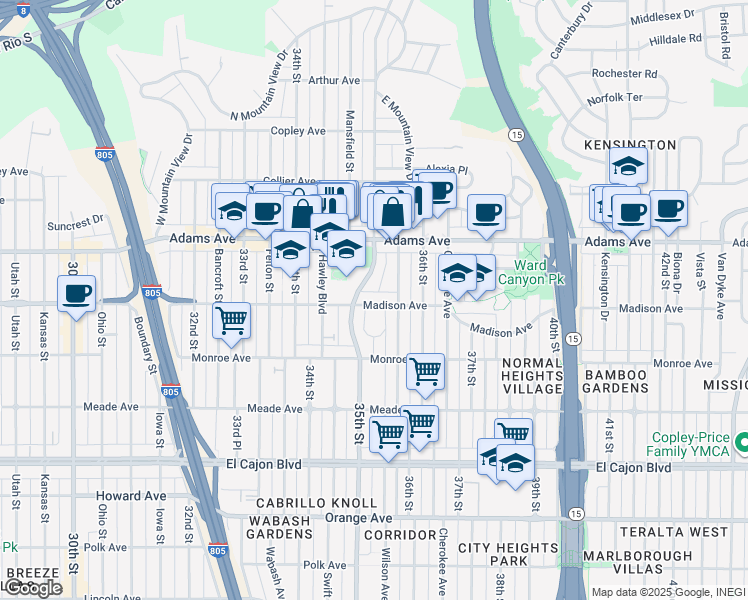 map of restaurants, bars, coffee shops, grocery stores, and more near 3528 Madison Avenue in San Diego