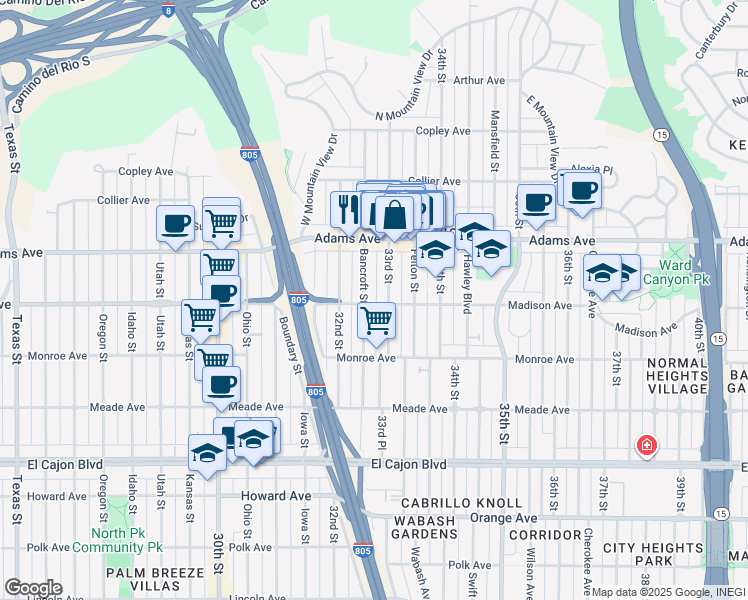 map of restaurants, bars, coffee shops, grocery stores, and more near 3266 Madison Avenue in San Diego