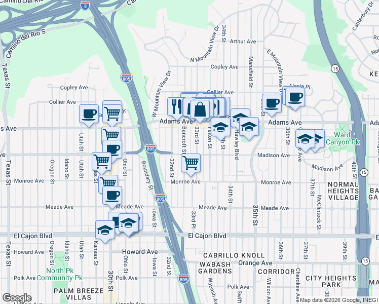 map of restaurants, bars, coffee shops, grocery stores, and more near 3266 Madison Avenue in San Diego