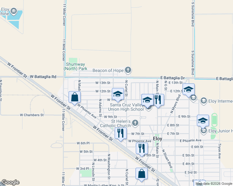 map of restaurants, bars, coffee shops, grocery stores, and more near 311 West 12th Street in Eloy
