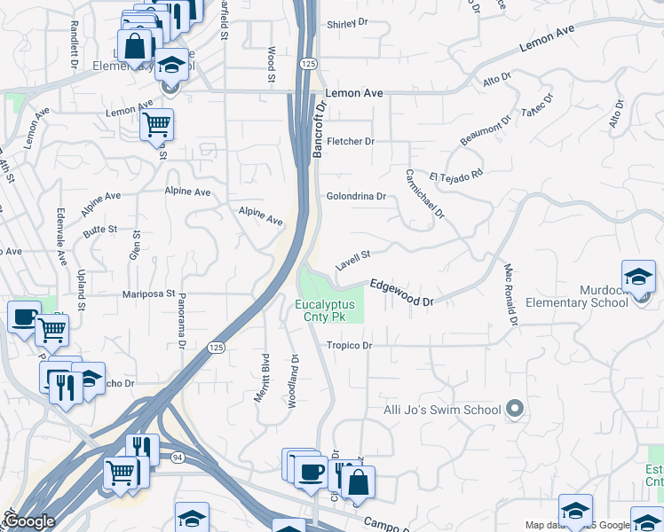 map of restaurants, bars, coffee shops, grocery stores, and more near 9130 Edgewood Drive in La Mesa