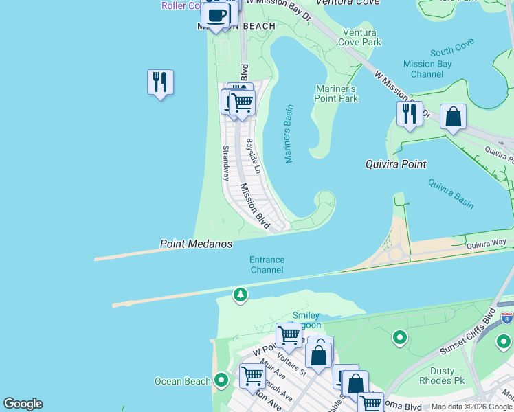 map of restaurants, bars, coffee shops, grocery stores, and more near 2685 Mission Boulevard in San Diego