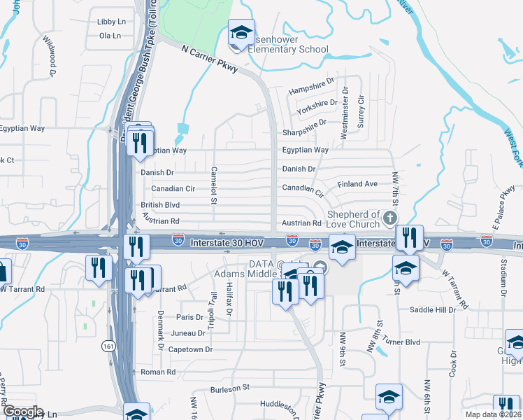 map of restaurants, bars, coffee shops, grocery stores, and more near 1517 North Carrier Parkway in Grand Prairie