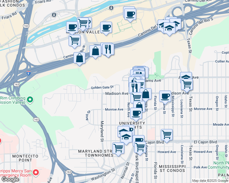 map of restaurants, bars, coffee shops, grocery stores, and more near 1520 Madison Avenue in San Diego