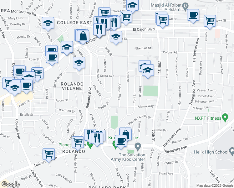 map of restaurants, bars, coffee shops, grocery stores, and more near 4566 Judson Way in La Mesa