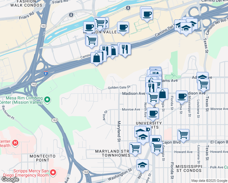 map of restaurants, bars, coffee shops, grocery stores, and more near 1245 Golden Gate Drive in San Diego