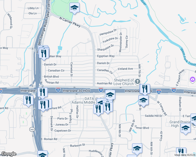 map of restaurants, bars, coffee shops, grocery stores, and more near 910 British Boulevard in Grand Prairie