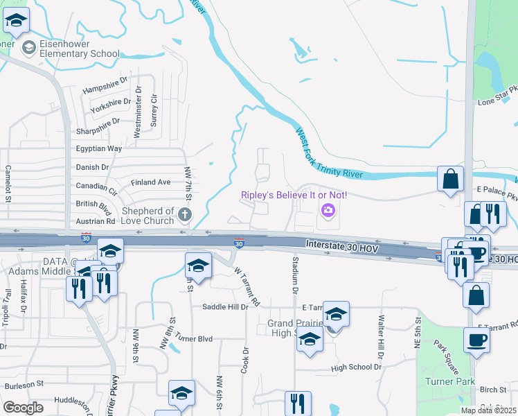 map of restaurants, bars, coffee shops, grocery stores, and more near 1470 Gentry Place Road in Grand Prairie