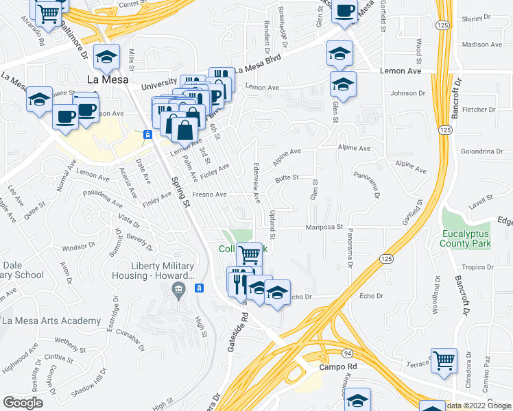 map of restaurants, bars, coffee shops, grocery stores, and more near 4528 Upland Street in La Mesa