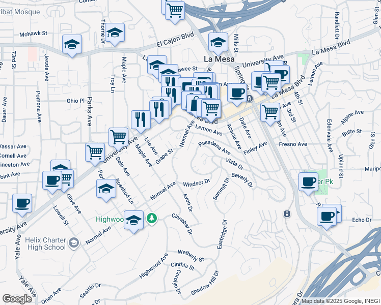 map of restaurants, bars, coffee shops, grocery stores, and more near 4535 Westview Drive in La Mesa