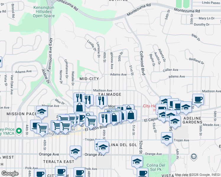 map of restaurants, bars, coffee shops, grocery stores, and more near 4621 49th Street in San Diego