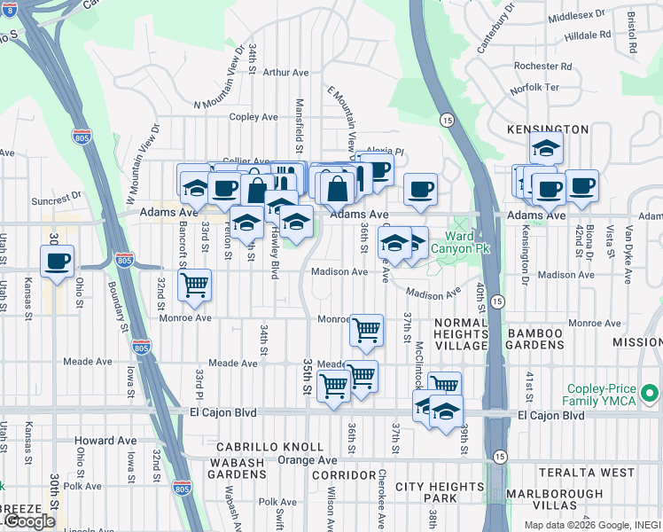map of restaurants, bars, coffee shops, grocery stores, and more near 3534 Madison Avenue in San Diego