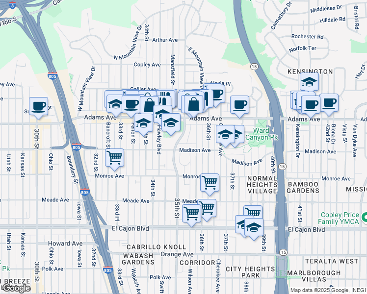 map of restaurants, bars, coffee shops, grocery stores, and more near 4620 Wilson Avenue in San Diego