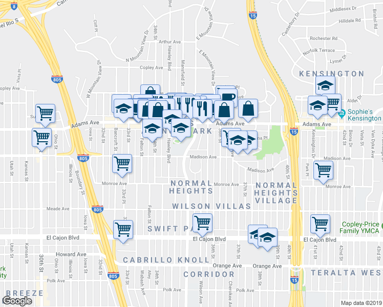 map of restaurants, bars, coffee shops, grocery stores, and more near 3534 Madison Avenue in San Diego