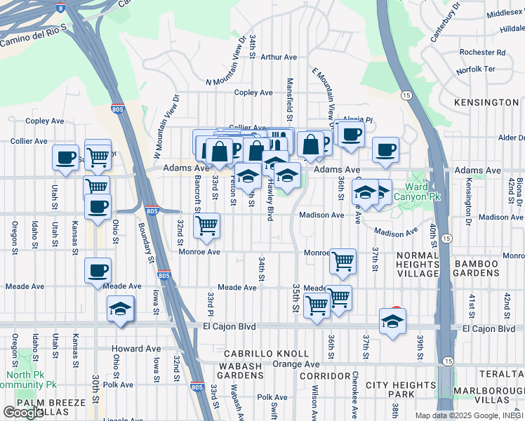 map of restaurants, bars, coffee shops, grocery stores, and more near 4620 Hawley Boulevard in San Diego
