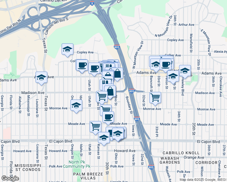map of restaurants, bars, coffee shops, grocery stores, and more near 4630a Ohio Street in San Diego