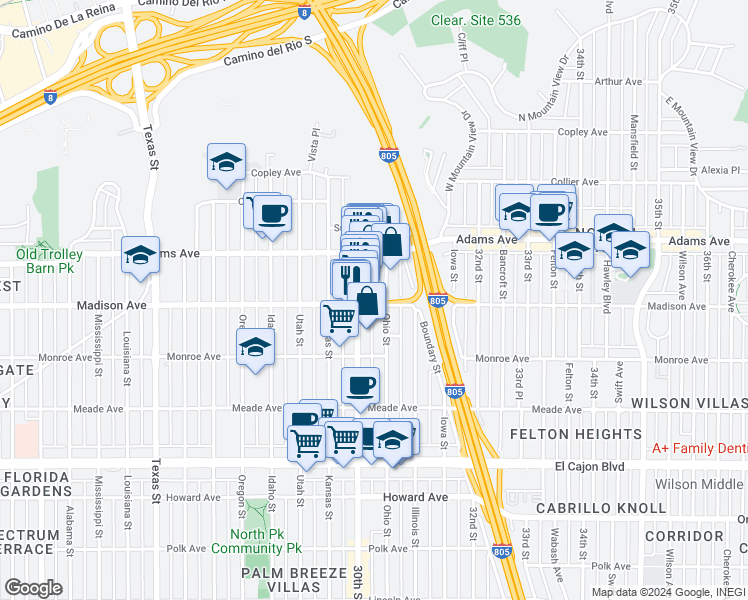 map of restaurants, bars, coffee shops, grocery stores, and more near 4630a Ohio Street in San Diego