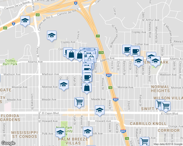 map of restaurants, bars, coffee shops, grocery stores, and more near 4630a Ohio Street in San Diego