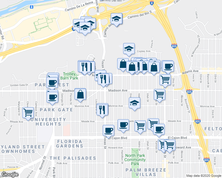 map of restaurants, bars, coffee shops, grocery stores, and more near in San Diego