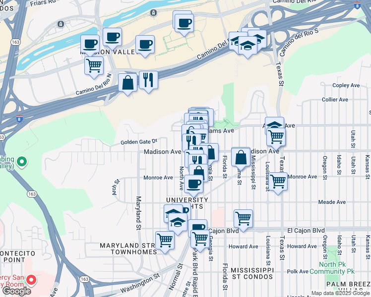map of restaurants, bars, coffee shops, grocery stores, and more near 4640 North Avenue in San Diego