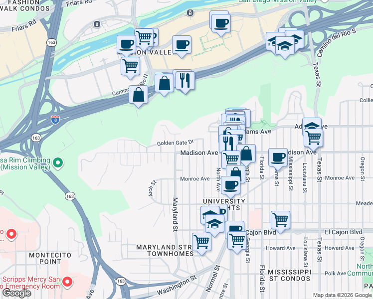 map of restaurants, bars, coffee shops, grocery stores, and more near 4627 Cleveland Avenue in San Diego