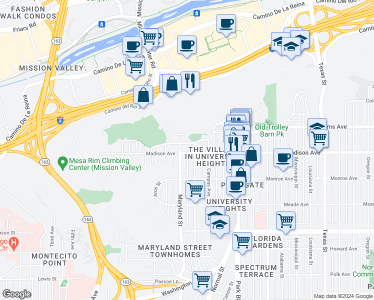 map of restaurants, bars, coffee shops, grocery stores, and more near 4627 Cleveland Avenue in San Diego