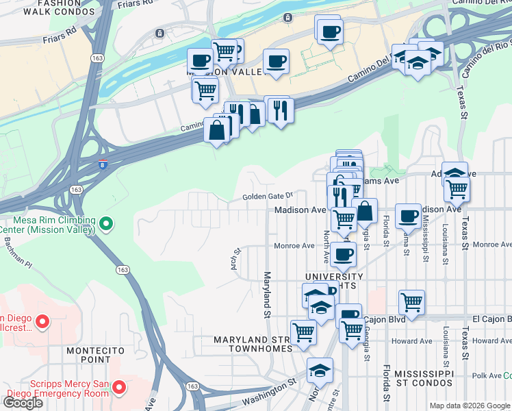 map of restaurants, bars, coffee shops, grocery stores, and more near 1245 Golden Gate Drive in San Diego