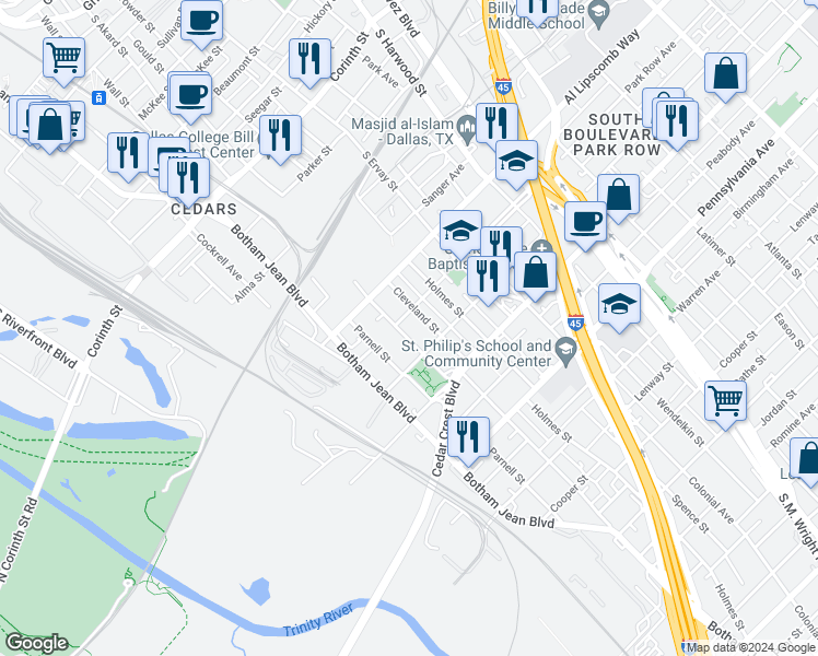 map of restaurants, bars, coffee shops, grocery stores, and more near 1409 Park Avenue in Dallas