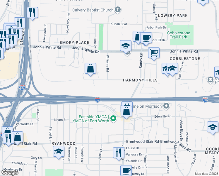 map of restaurants, bars, coffee shops, grocery stores, and more near 7300 Anderson Boulevard in Fort Worth