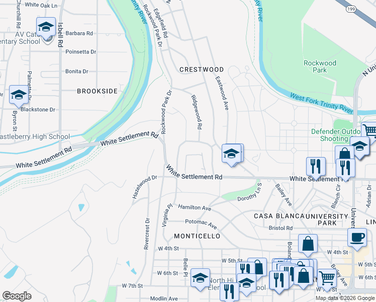 map of restaurants, bars, coffee shops, grocery stores, and more near 212 Crestwood Drive in Fort Worth