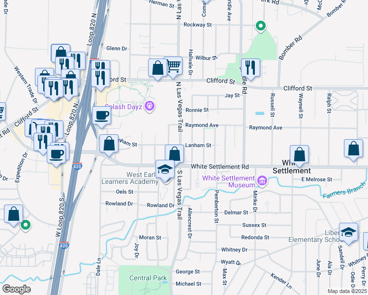 map of restaurants, bars, coffee shops, grocery stores, and more near 200 North Las Vegas Trail in White Settlement