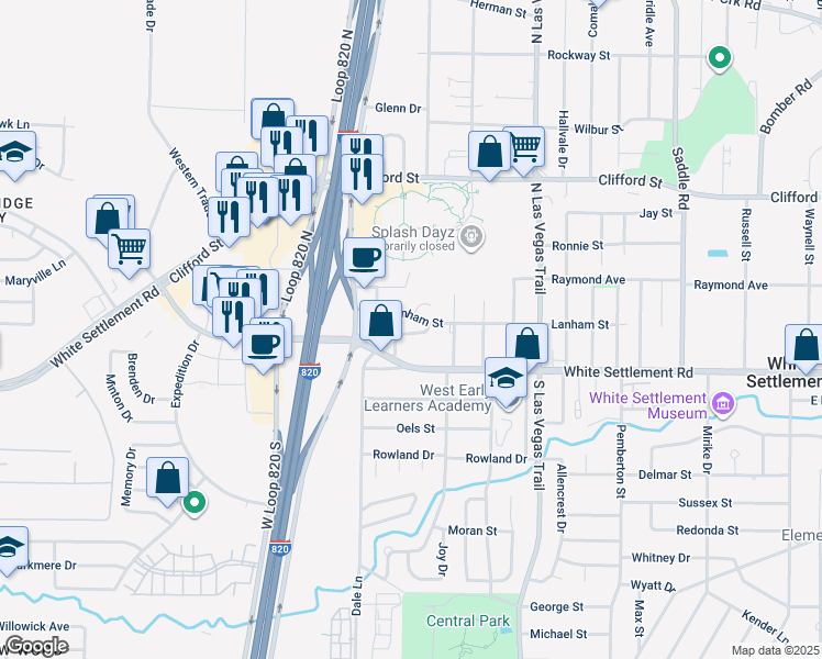map of restaurants, bars, coffee shops, grocery stores, and more near 9207 Lanham Street in Fort Worth