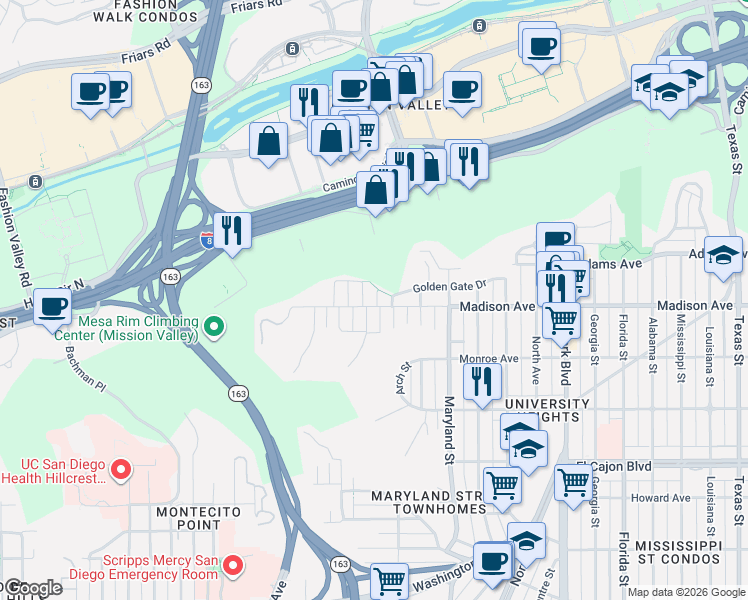 map of restaurants, bars, coffee shops, grocery stores, and more near 1020 Madison Avenue in San Diego