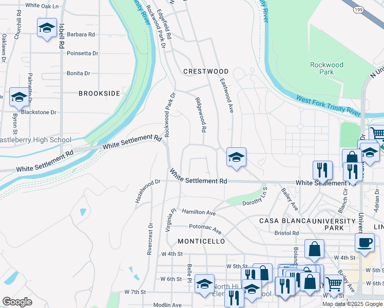 map of restaurants, bars, coffee shops, grocery stores, and more near 212 Crestwood Drive in Fort Worth