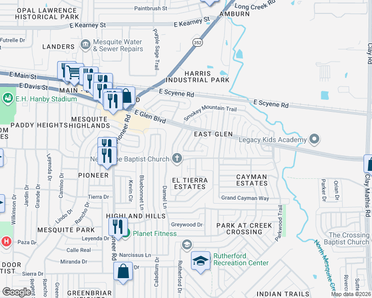 map of restaurants, bars, coffee shops, grocery stores, and more near 439 Appomattox Drive in Mesquite