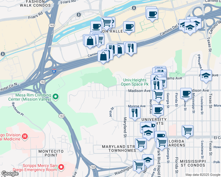 map of restaurants, bars, coffee shops, grocery stores, and more near 1108 Madison Avenue in San Diego